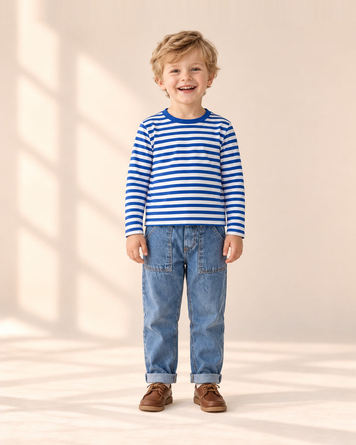Front view of a boy in the mid-wash cuffed jeans and a navy and white striped tee, full length – Mid Wash