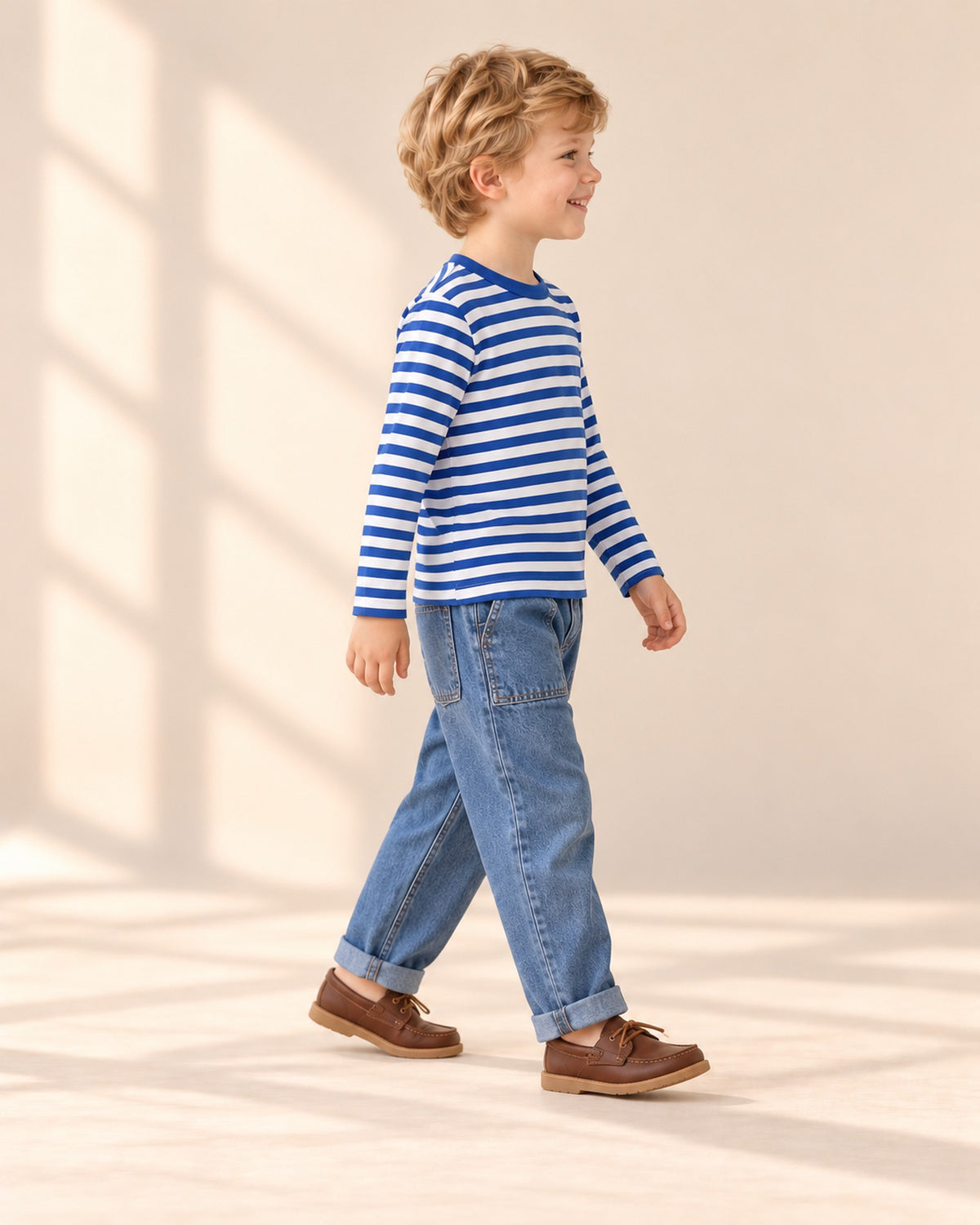 Side view of the cuffed straight jeans with the striped tee, showing the relaxed leg – Mid Wash