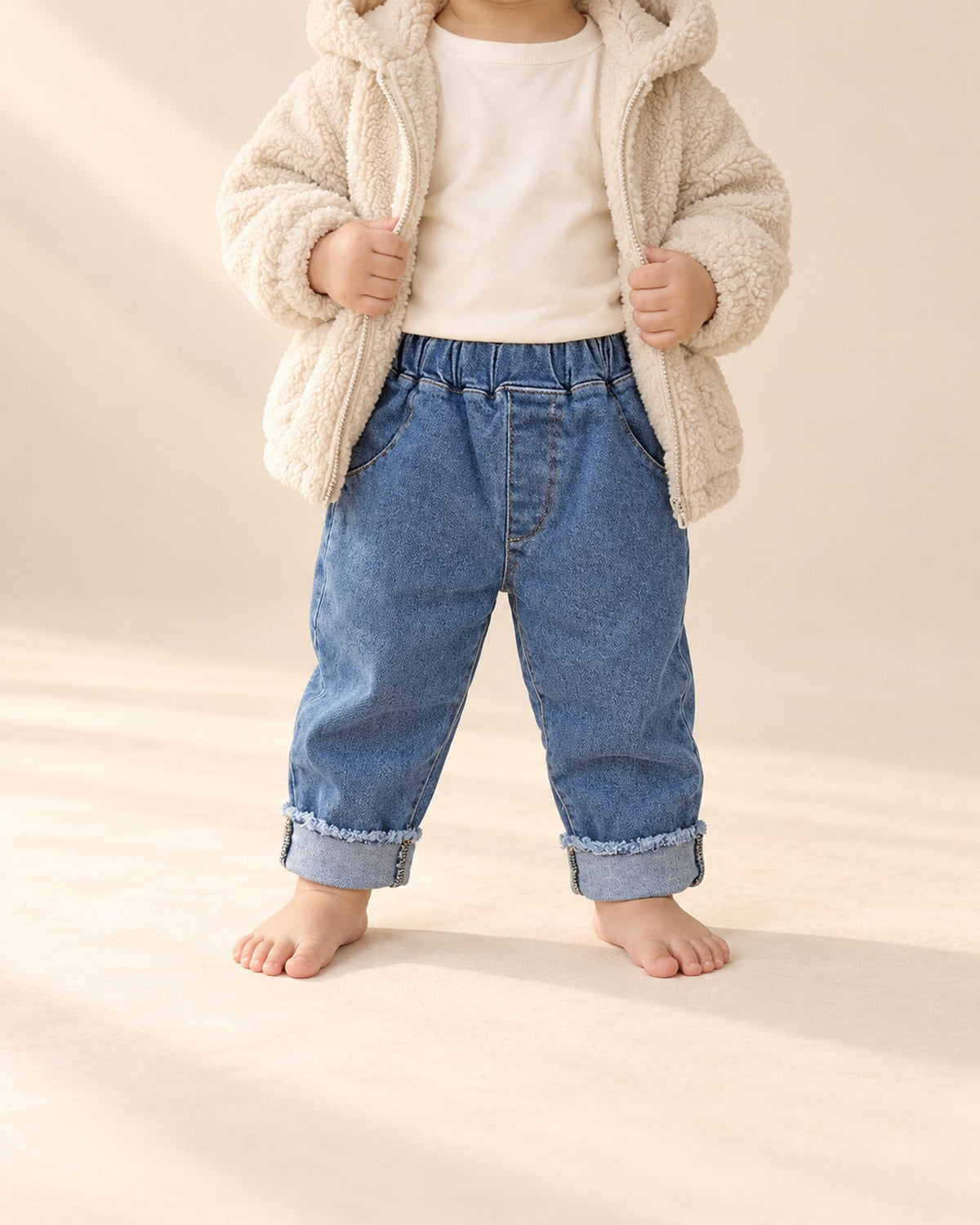 Close-up from waist to feet of mid-blue pull-on jeans with frayed, turned-up hems – Mid Wash