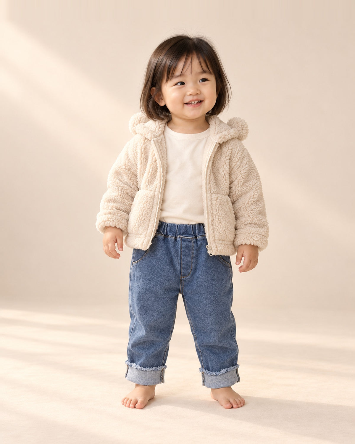 Front view of a toddler in the pull-on jeans and an open cream sherpa jacket with bear ears, full length – Mid Wash