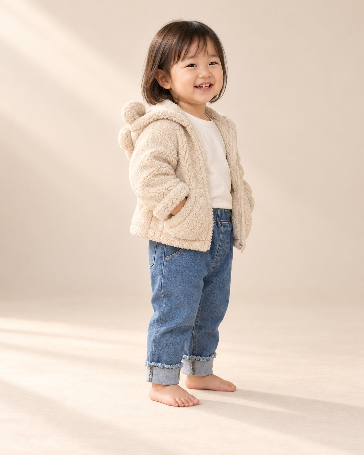Side view of the loose mid-blue jeans with the cream sherpa jacket – Mid Wash