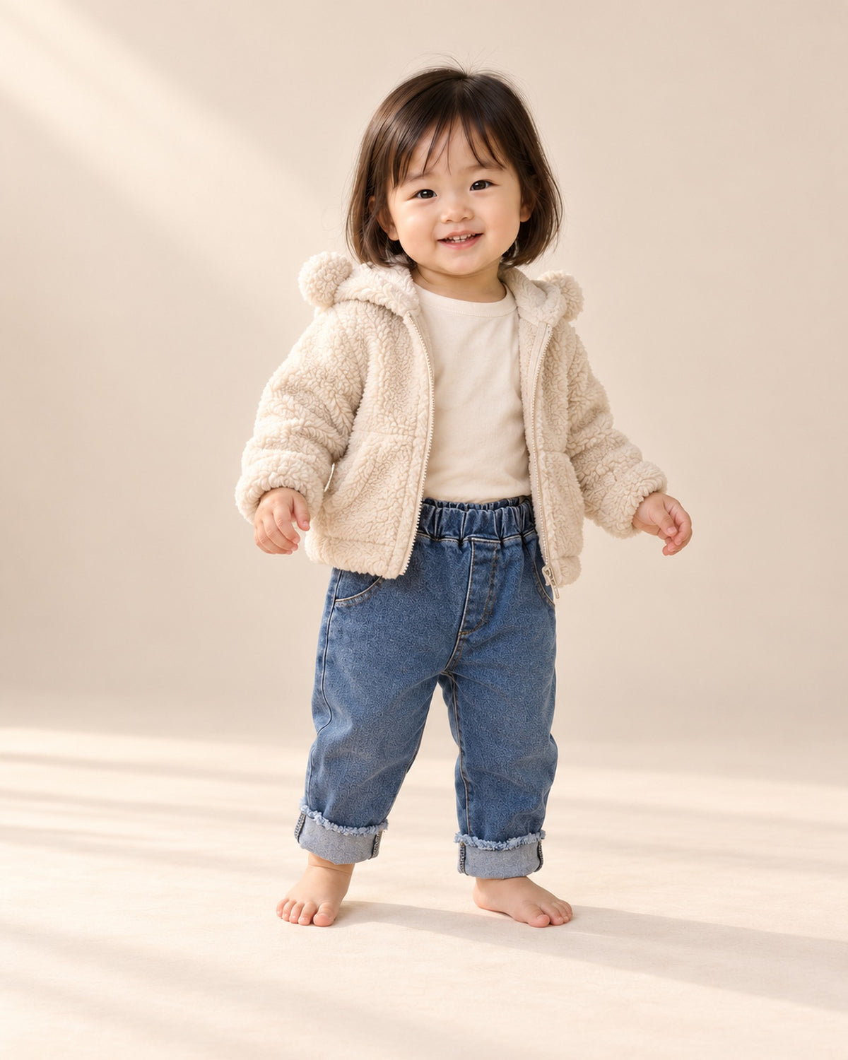Toddler in the frayed cuff jeans and bear ear sherpa jacket, standing relaxed – Mid Wash