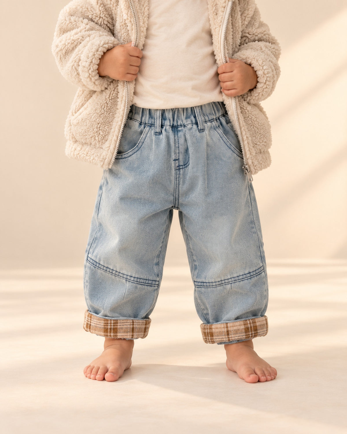 Close-up from waist to feet of light wash jeans with beige plaid turned-up cuffs – Light Wash