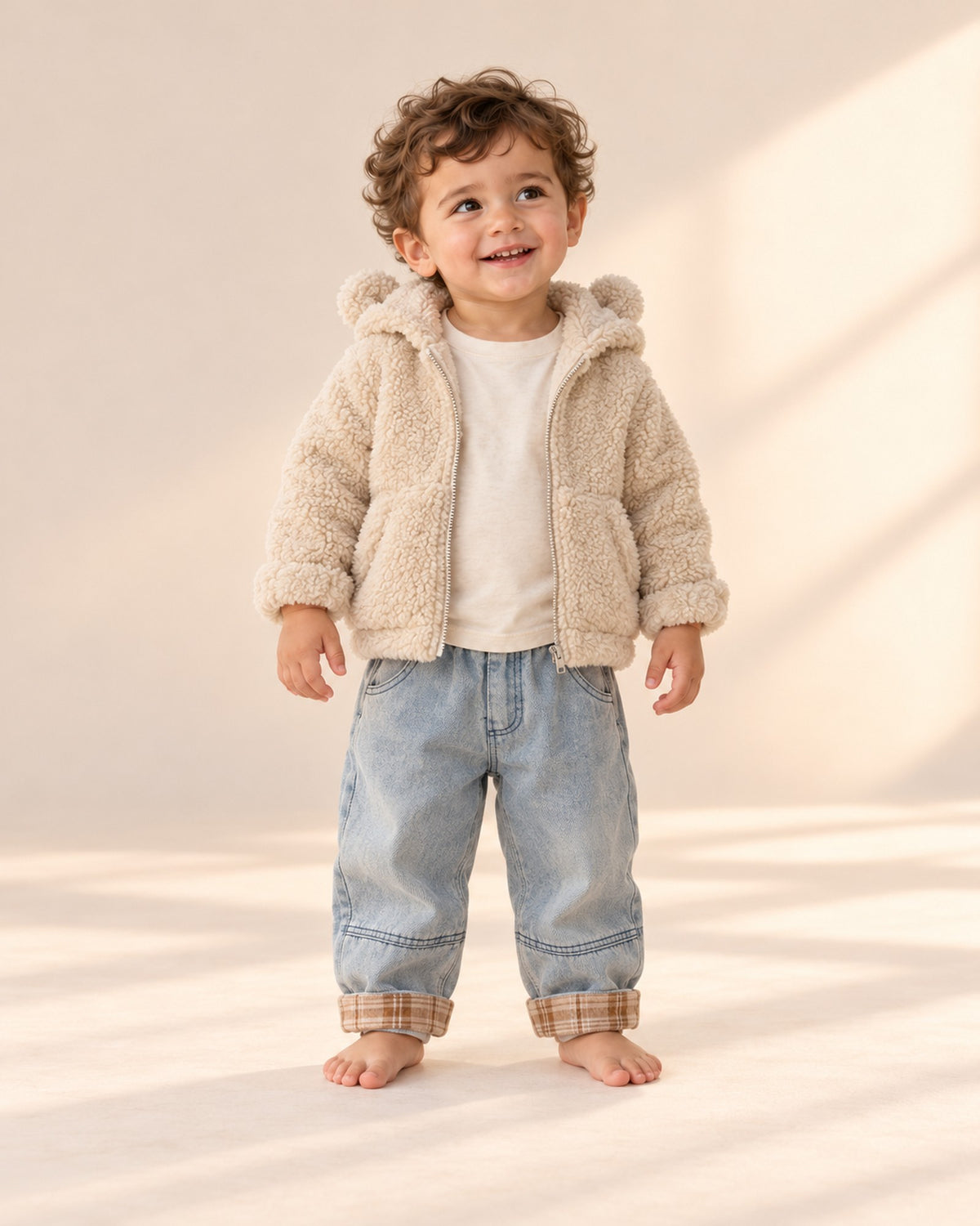 Front view of a toddler in the plaid cuff jeans and an open cream sherpa jacket with bear ears, full length – Light Wash