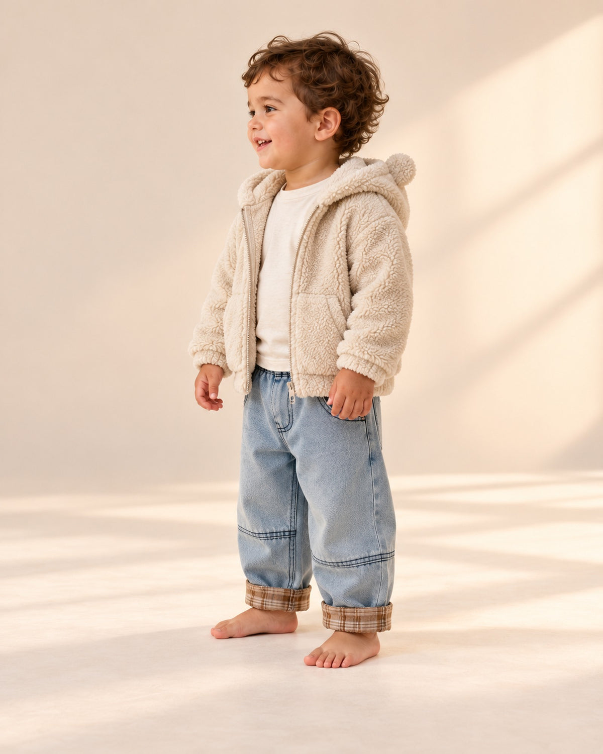 Side view of the light wash balloon jeans with the cream bear ear jacket – Light Wash