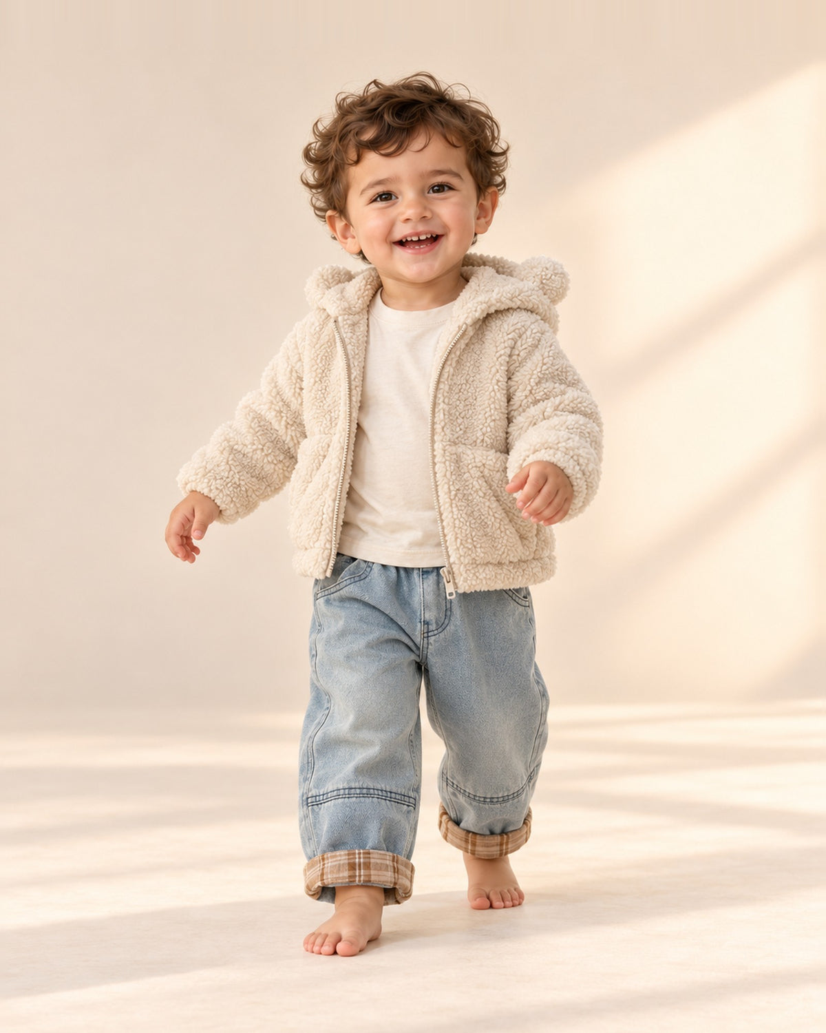 Toddler wearing the light wash plaid cuff jeans and sherpa jacket, standing relaxed – Light Wash