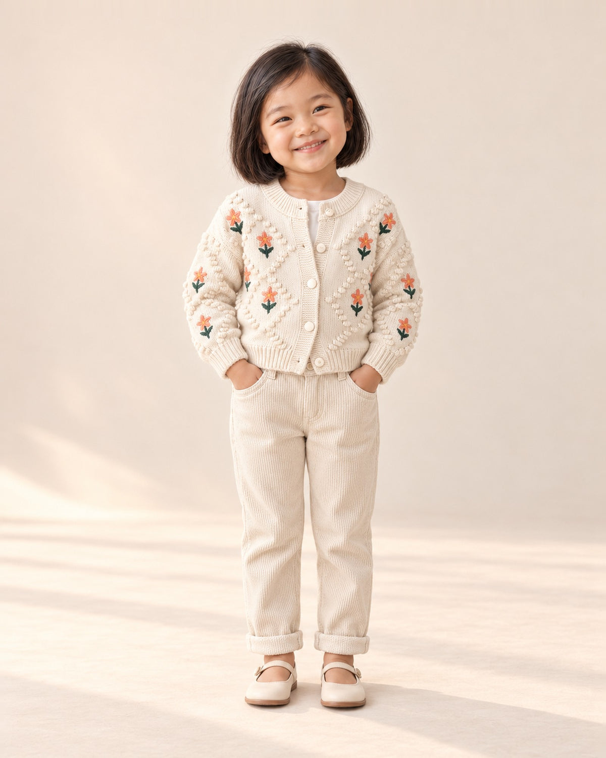 Front view of a girl in cream corduroy pants and a cream flower cardigan over a white tee, full length – Cream