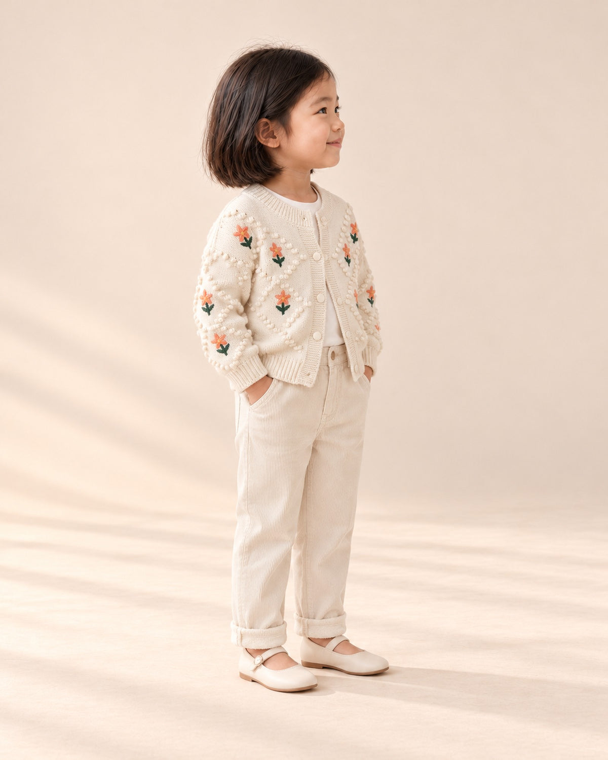 Side view of the corduroy pants showing the straight leg – Cream
