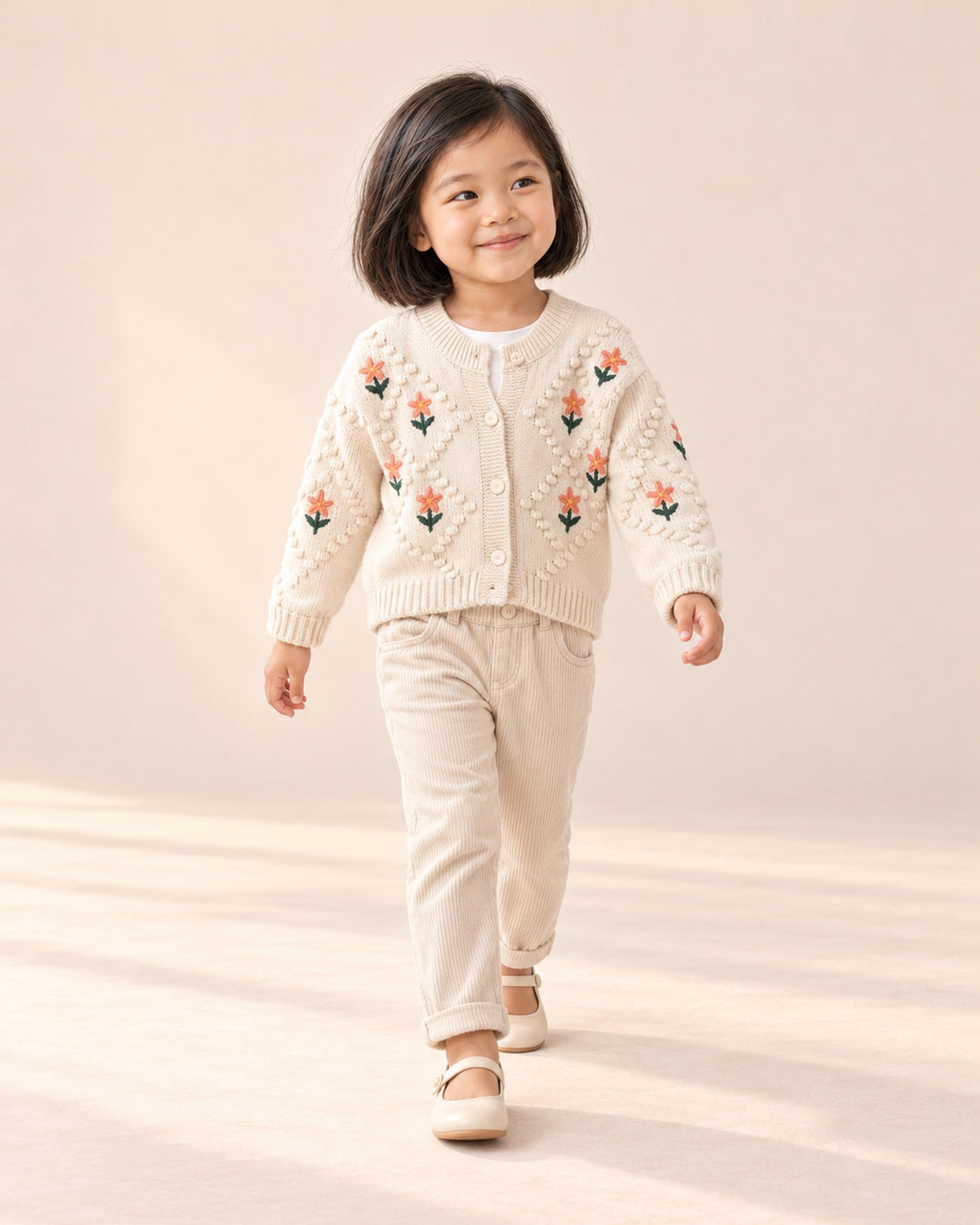 Girl standing playfully in cream corduroy pants and a knit cardigan – Cream
