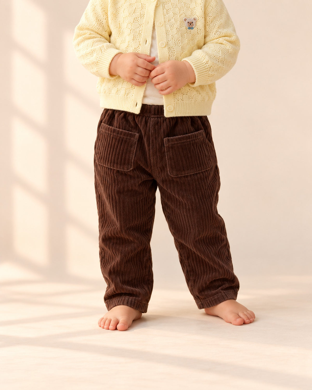 Close-up from waist to feet of chocolate brown corduroy pants with two front patch pockets – Brown