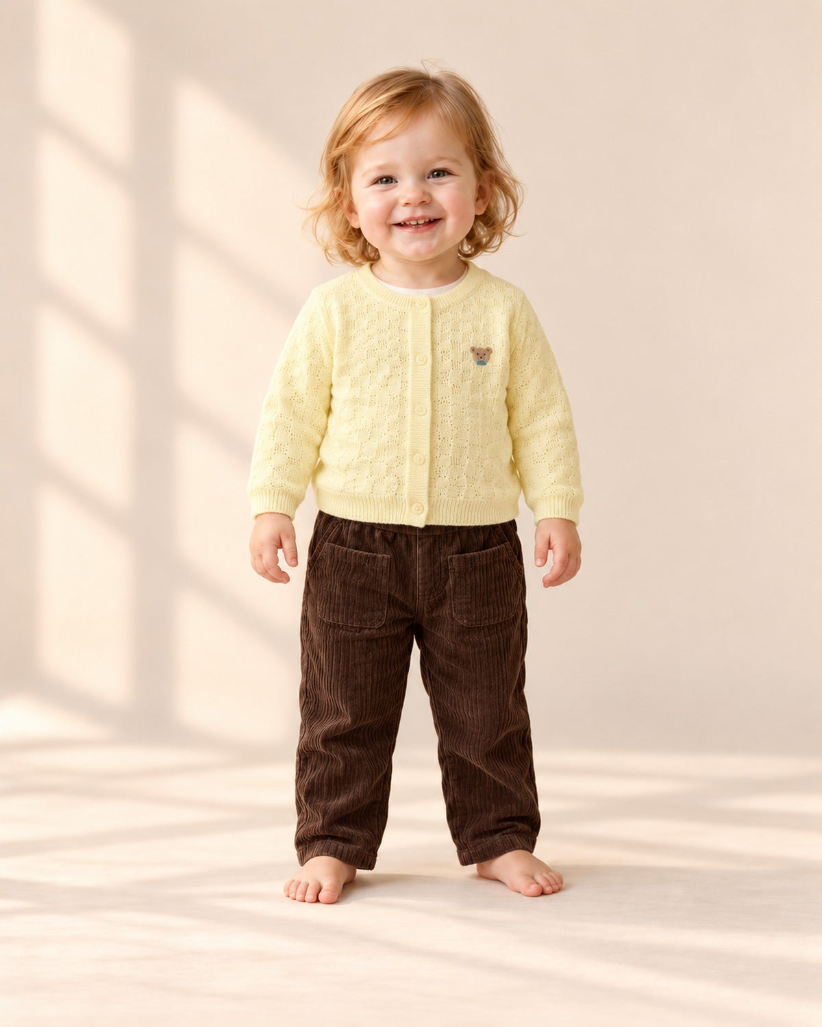 Front view of a toddler in the brown corduroy pants and a butter yellow bear cardigan over a cream top, full length – Brown