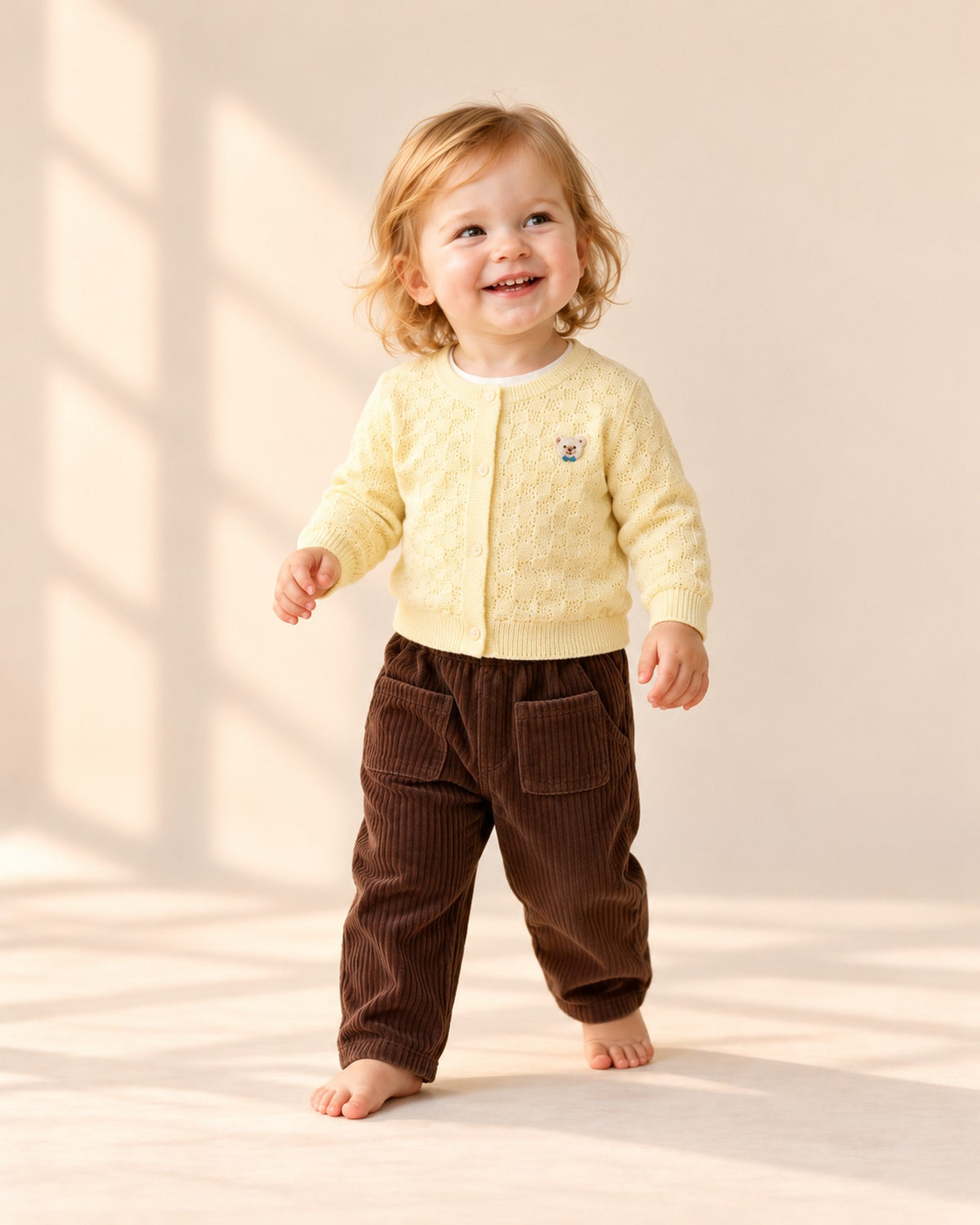Toddler in the chocolate corduroy pants and yellow bear cardigan, standing at ease – Brown