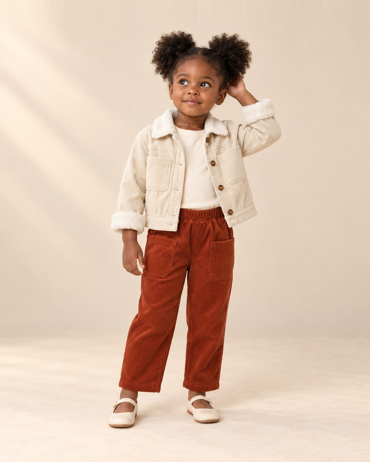 Front view of a girl in the wide rust corduroy pants and an open cream corduroy sherpa jacket, full length – Rust
