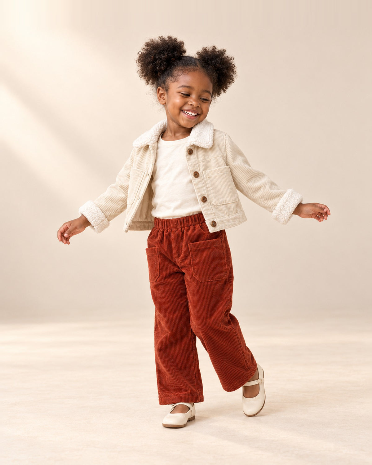 Girl in the rust corduroy pants and cream sherpa jacket, standing relaxed – Rust