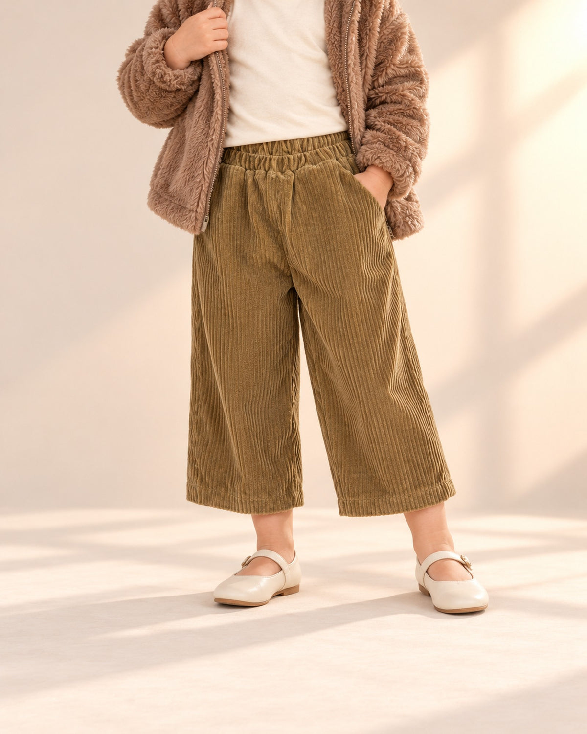 Close-up from waist to feet of olive wide-leg corduroy pants with an elastic waist – Olive