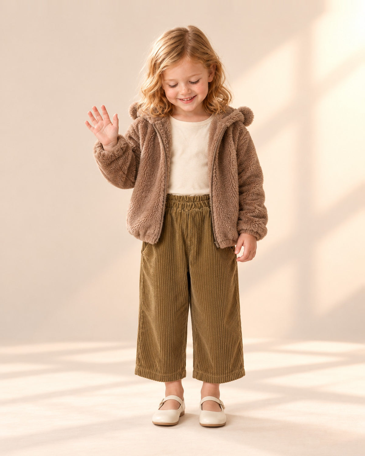 Front view of a girl in the olive corduroy pants and an open brown faux fur jacket with bear ears, full length – Olive
