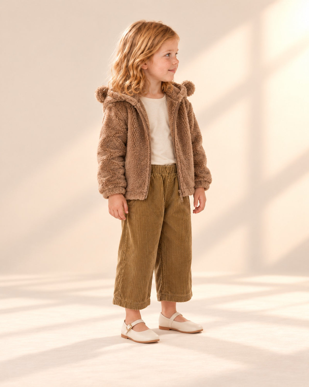 Side view of the wide olive pants with the brown bear ear jacket – Olive