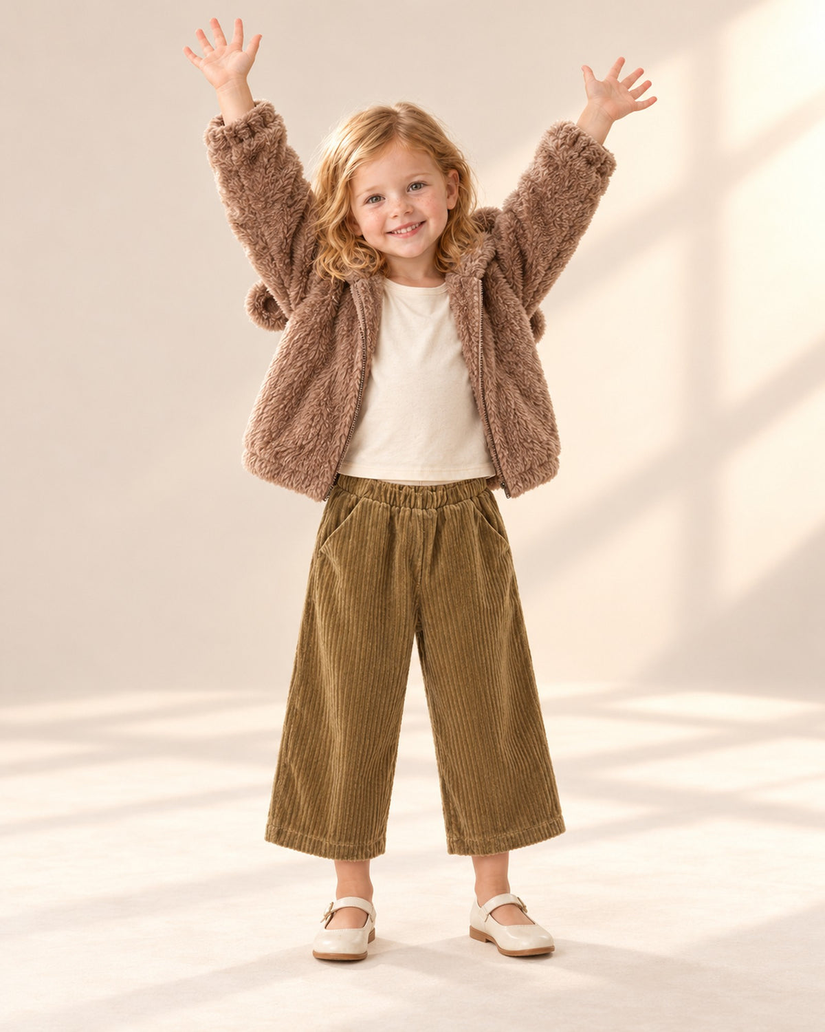 Girl in the wide-leg olive corduroy pants and faux fur jacket, standing at ease – Olive