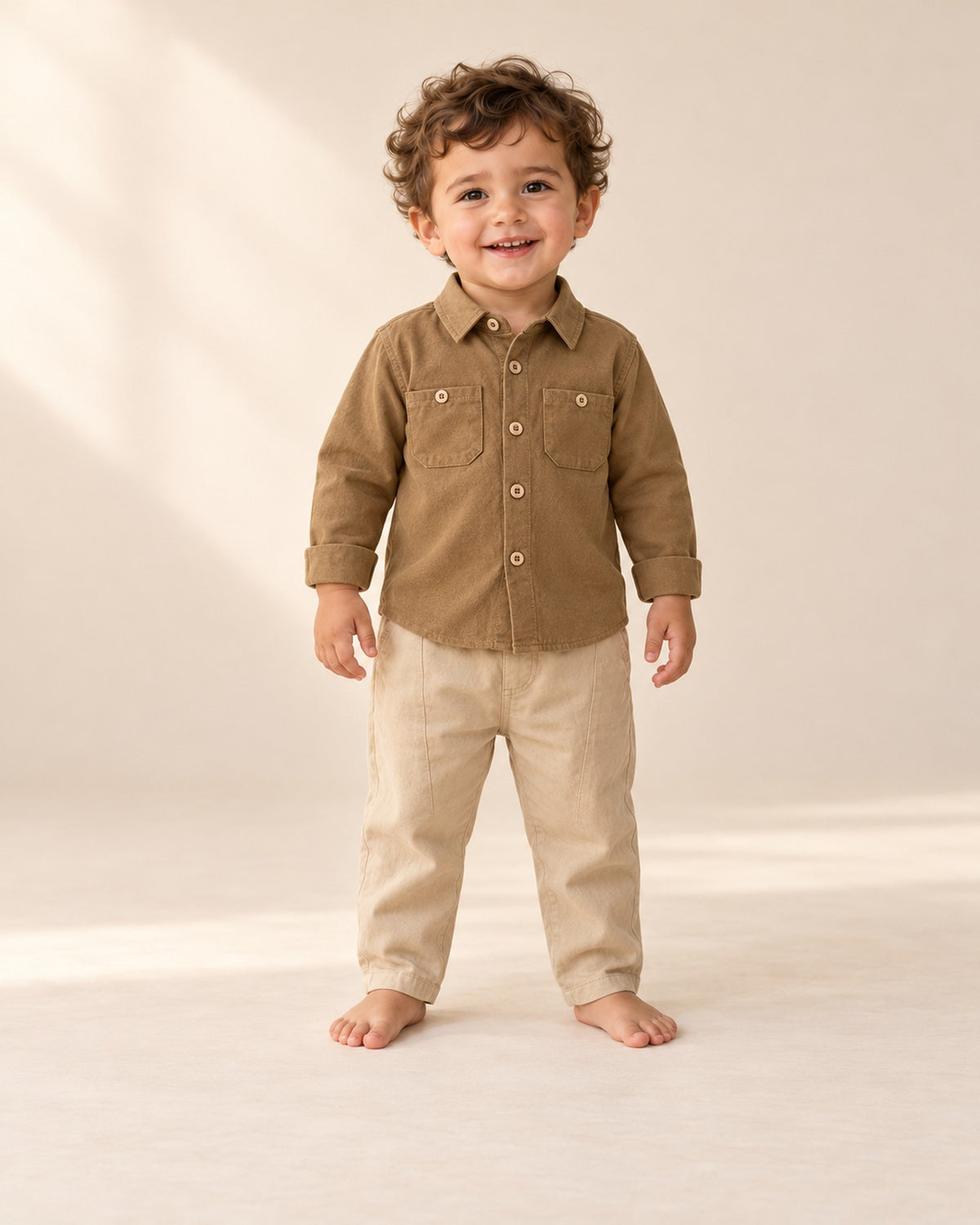 Front view of a toddler in khaki chinos and a camel pocket shirt worn untucked, full length – Khaki