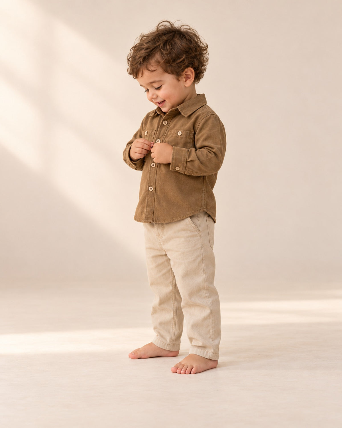 Side view of the khaki chinos showing the slanted pocket and tapered leg – Khaki