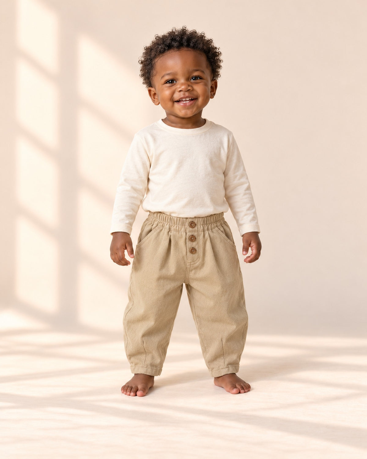 Front view of a toddler in khaki balloon pants and a cream long sleeve tee tucked in loosely, full length – Khaki