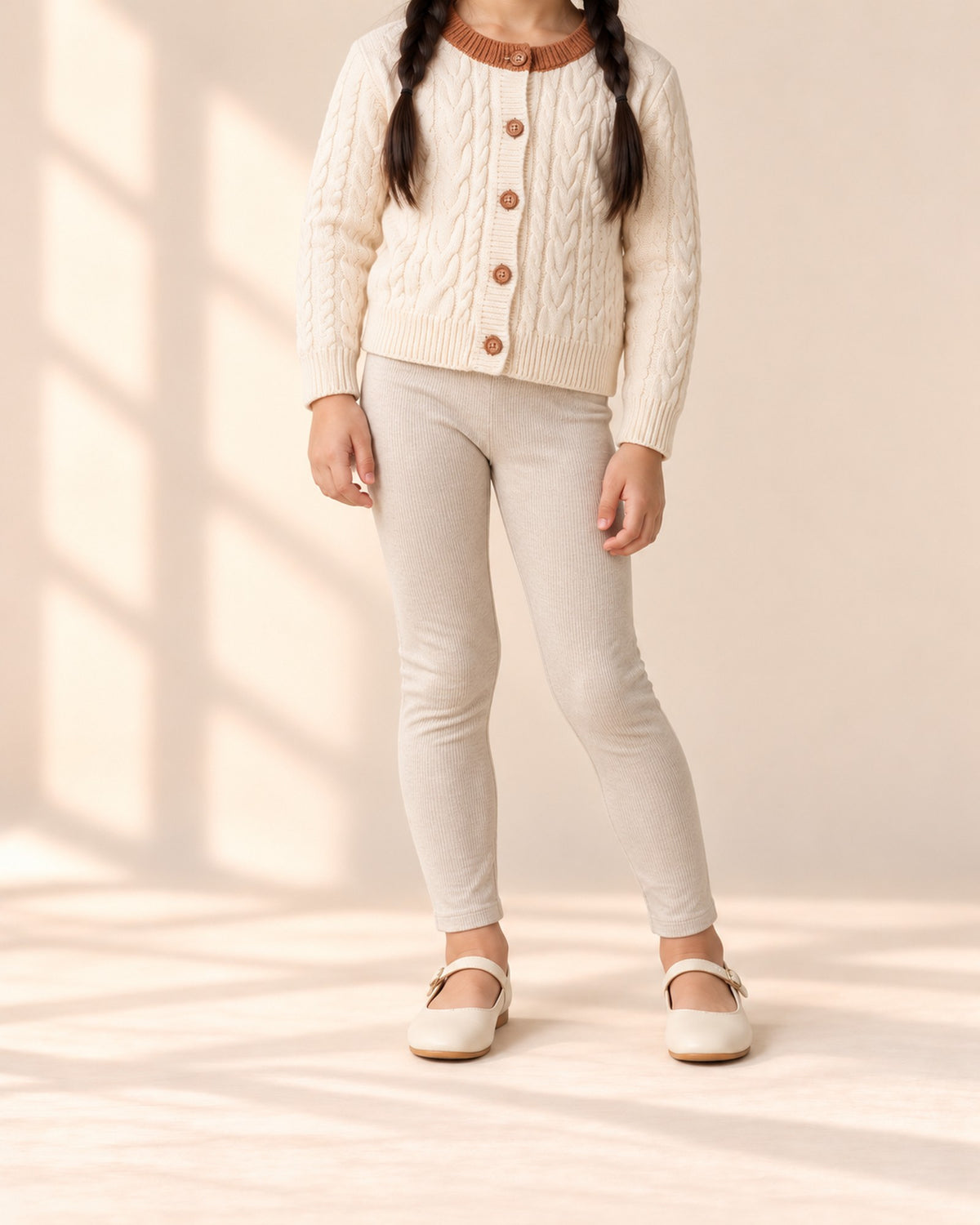 Close-up from waist to feet of oatmeal beige cotton leggings with a wide waistband – Oatmeal