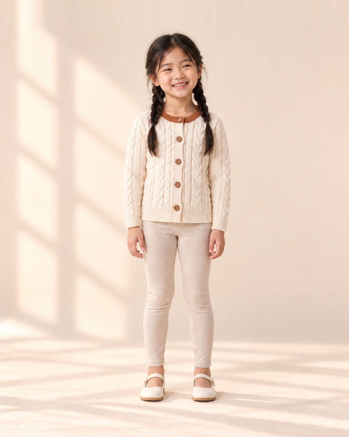 Front view of a girl in the oatmeal leggings and a cream cable cardigan with a rust collar over a cream top, full length – Oatmeal