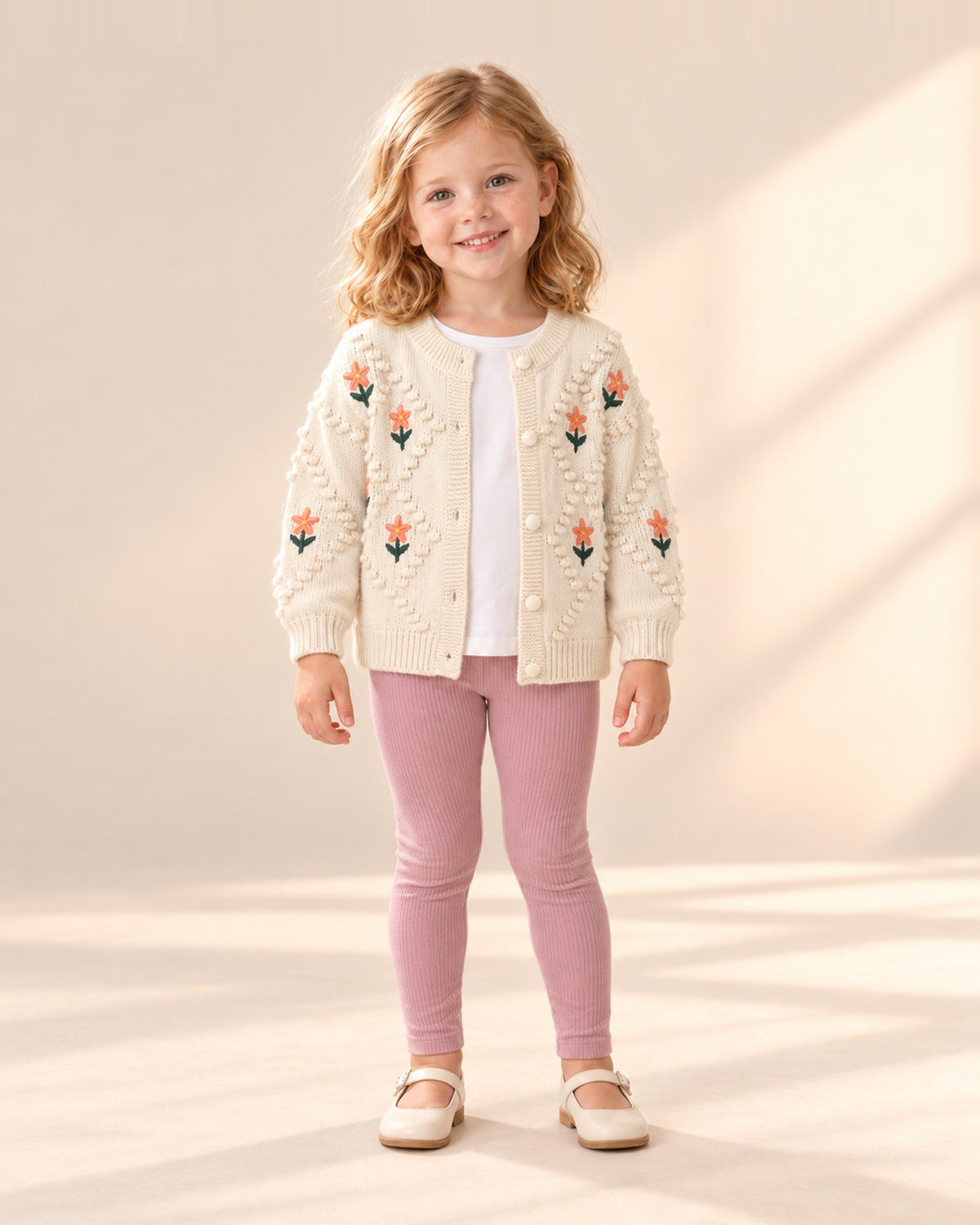 Front view of a girl in dusty pink leggings and a cream flower cardigan worn open over a white tee, full length – Dusty Pink