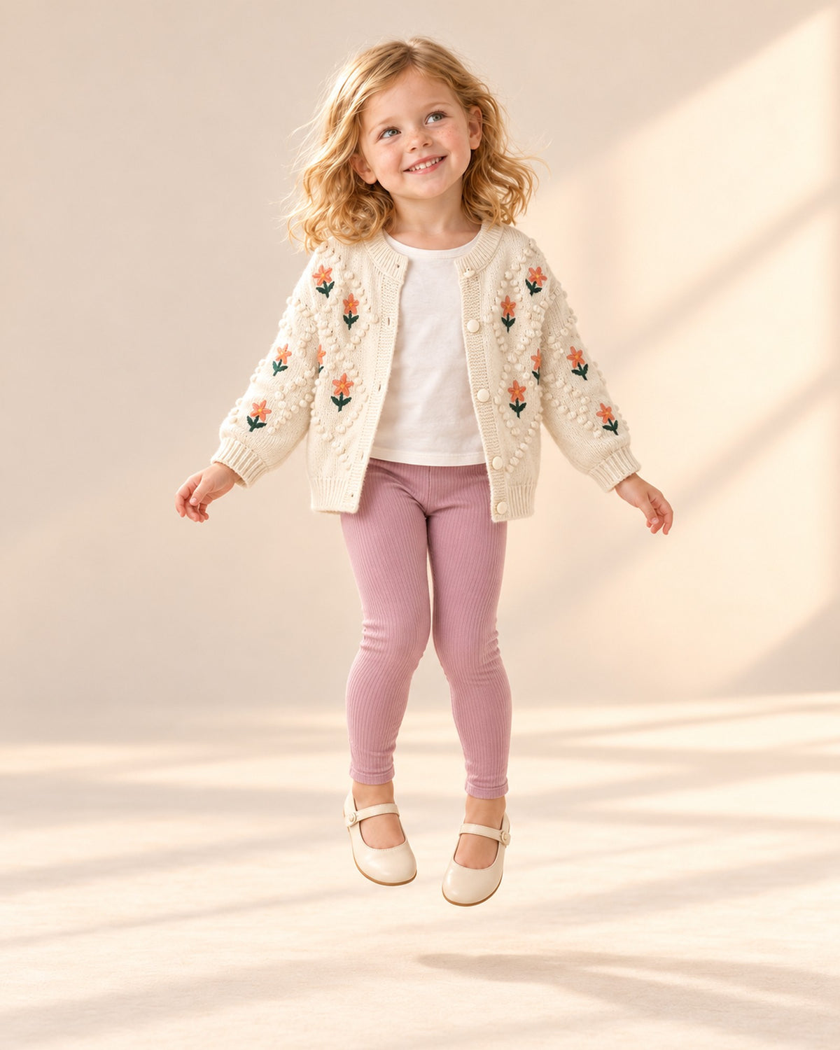Girl skipping in dusty pink leggings and a cream cardigan – Dusty Pink