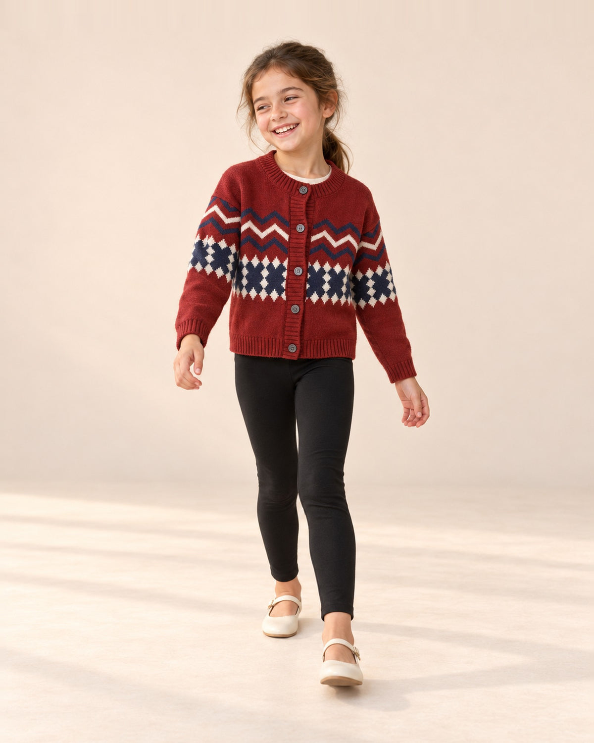 Girl wearing the black leggings and red cardigan, standing at ease – Black