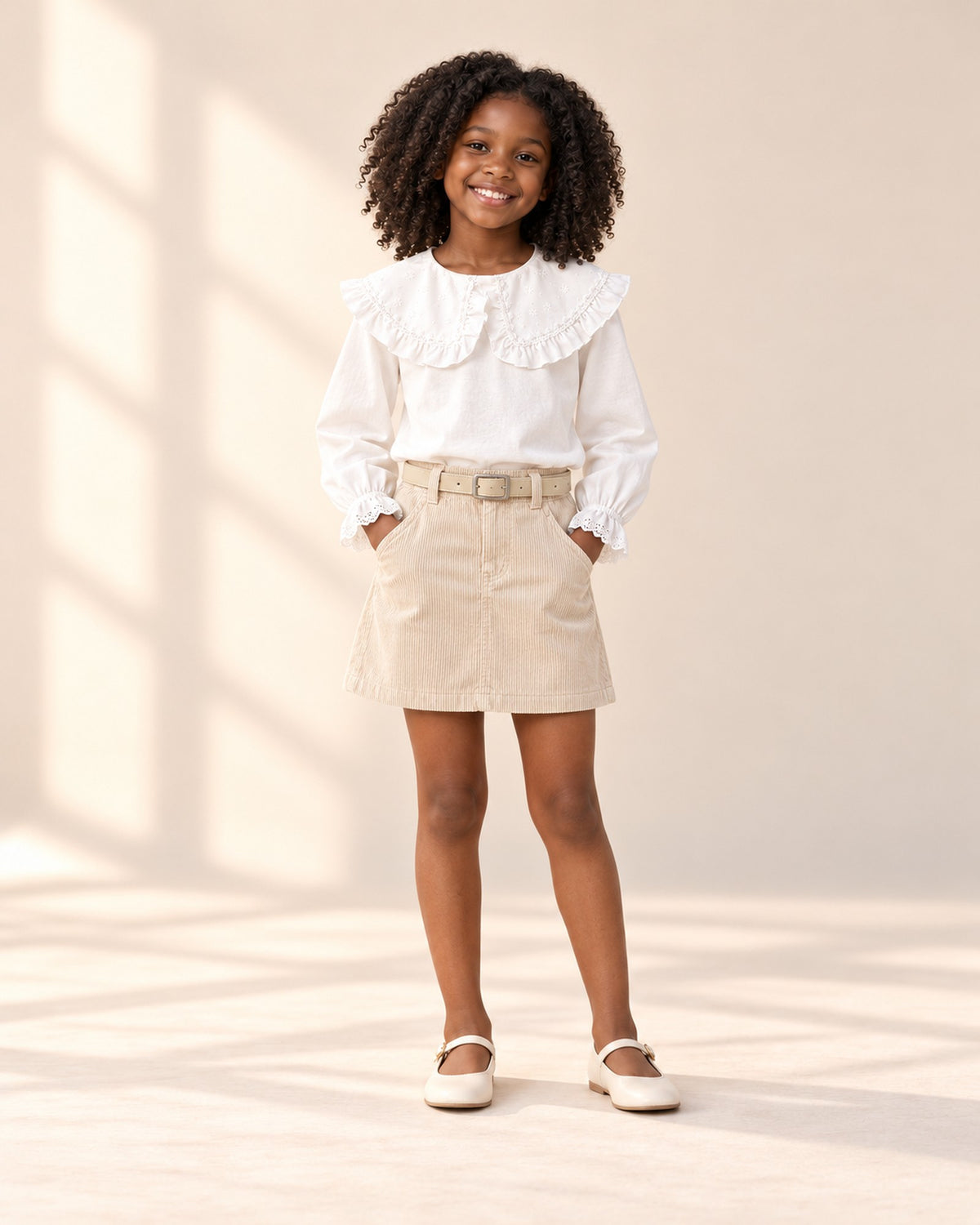 Front view of a girl in the belted corduroy skirt and a white ruffle-collar blouse tucked in, full length – Beige