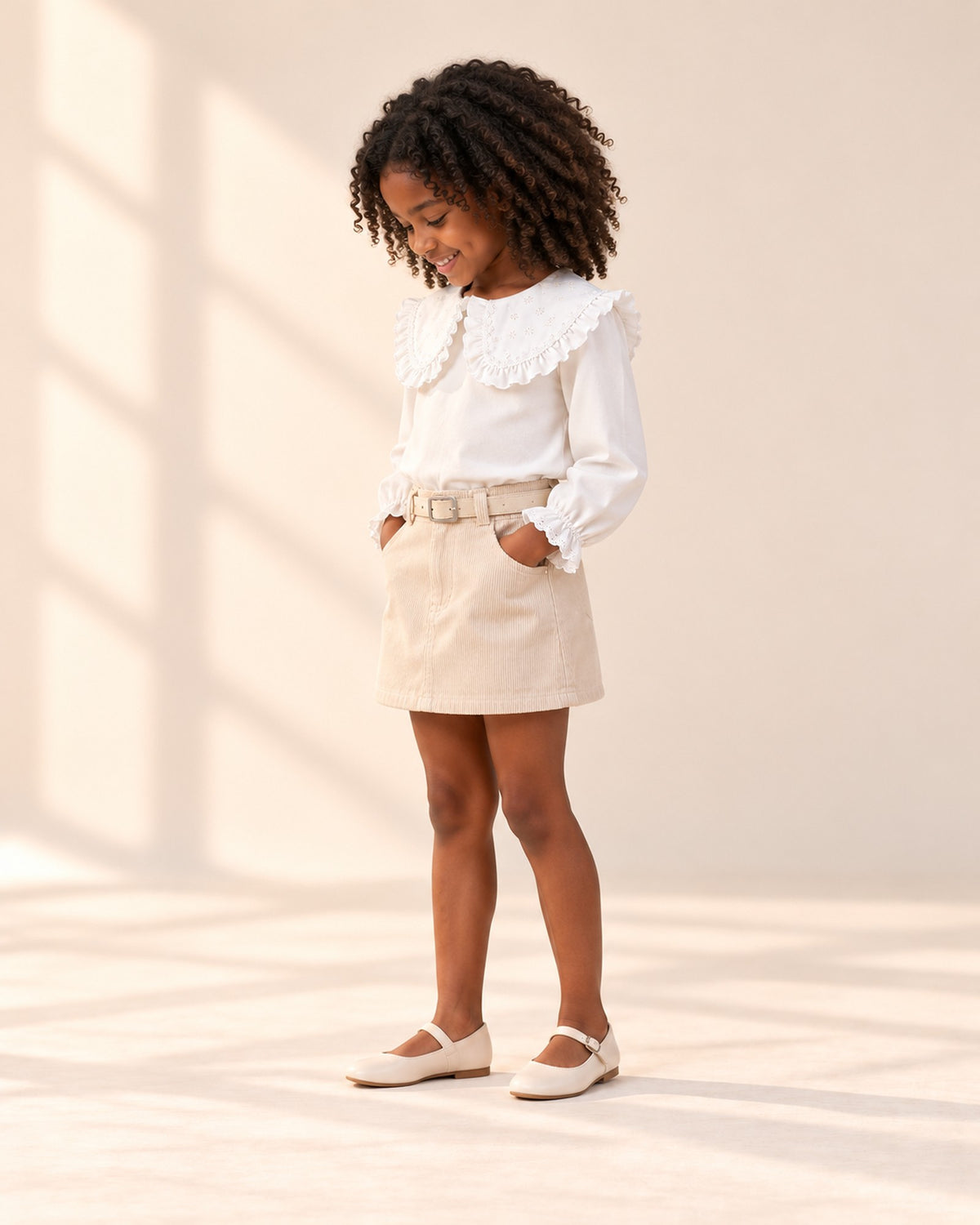 Side view of the beige skirt showing the A-line shape and belt – Beige