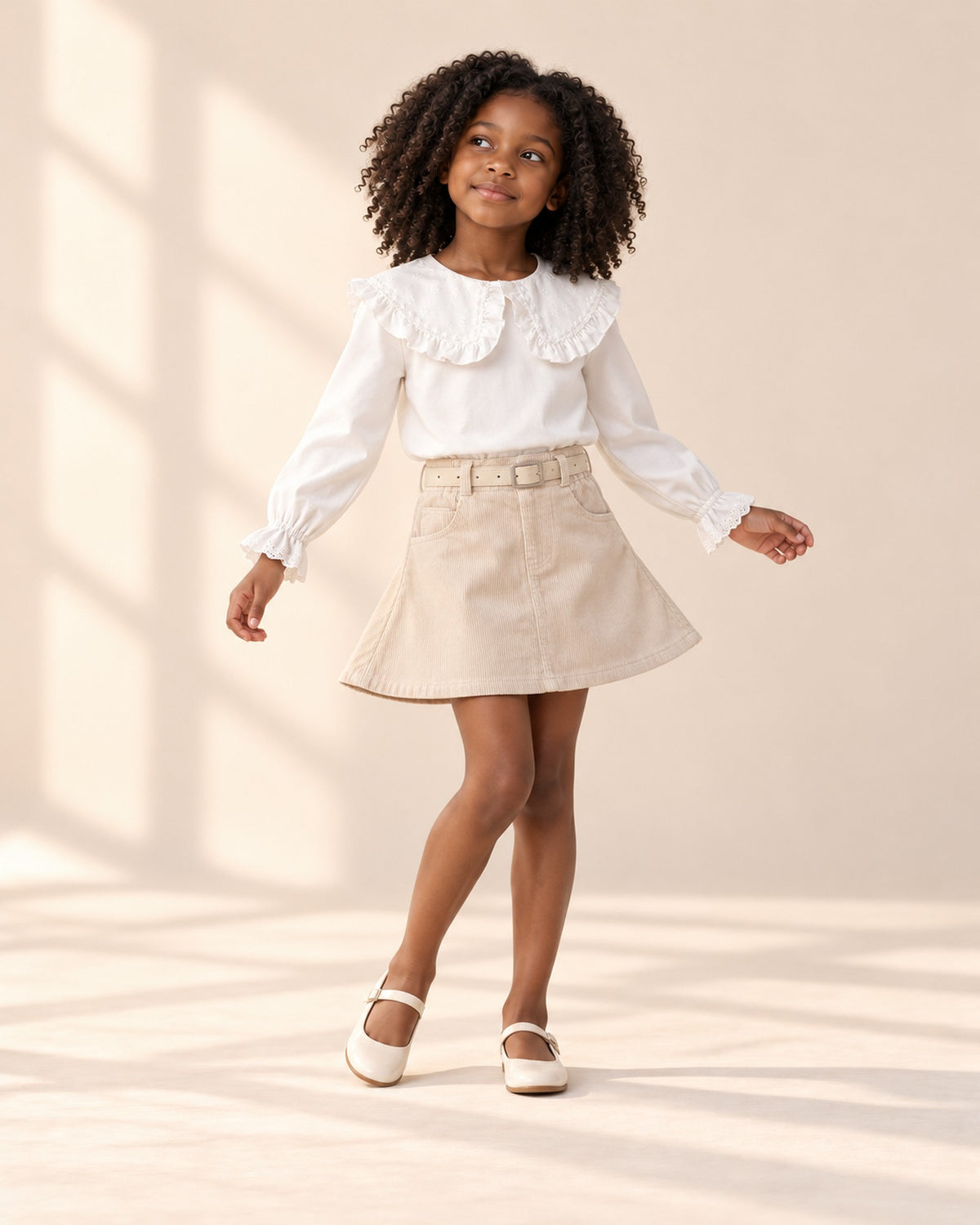Girl walking with a hand in the pocket of her beige corduroy skirt – Beige