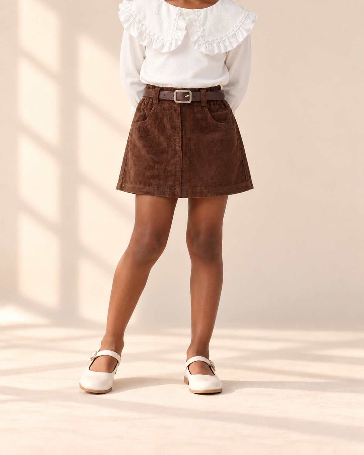 Lucy Belted Corduroy Skirt in Chocolate – main