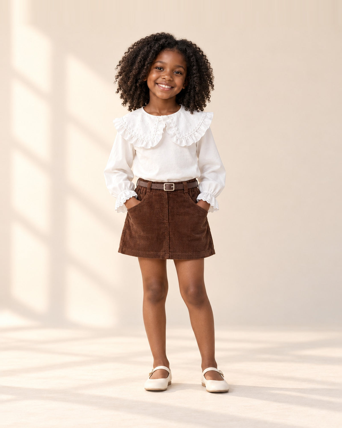 Lucy Belted Corduroy Skirt in Chocolate – full front view
