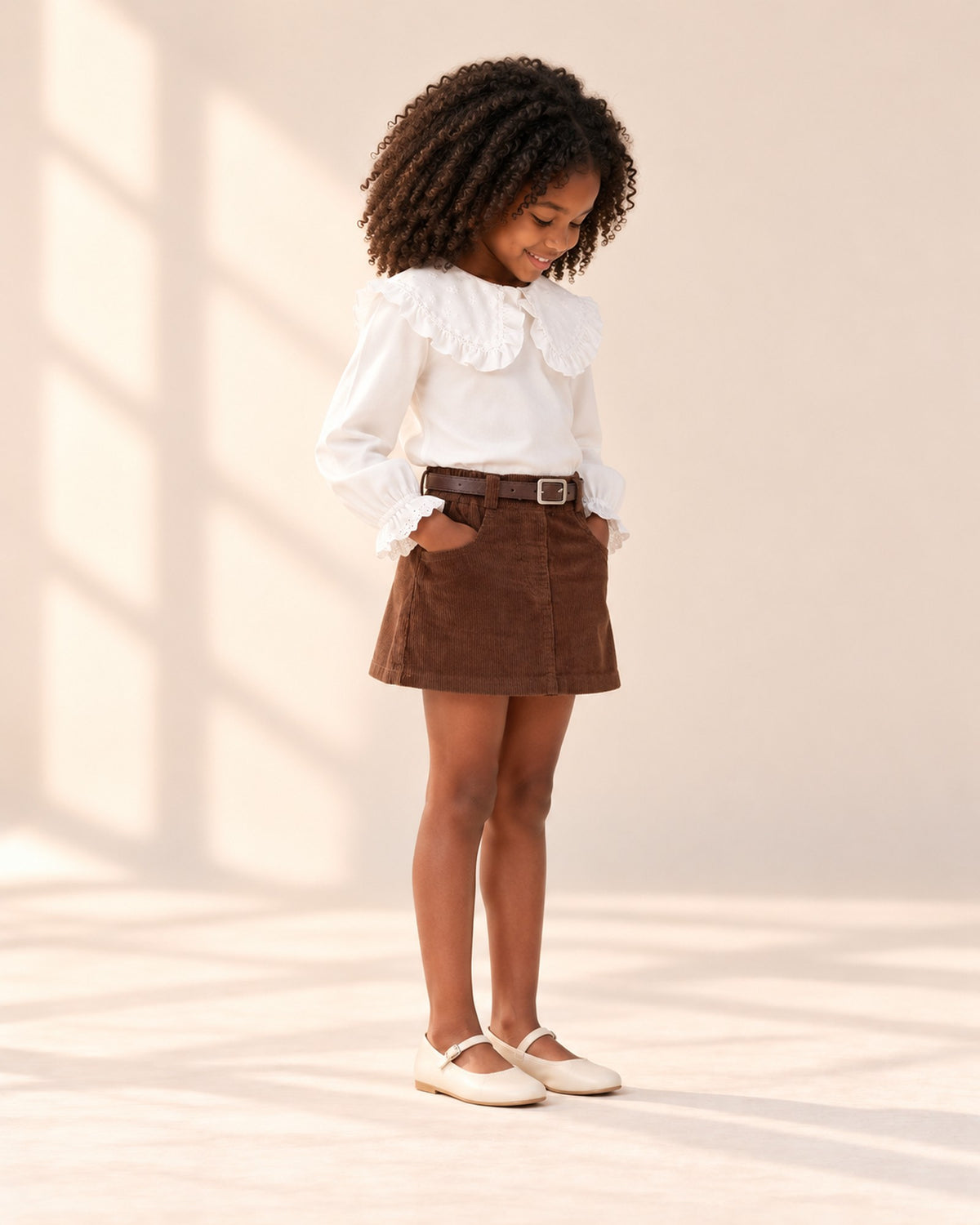 Lucy Belted Corduroy Skirt in Chocolate – side view