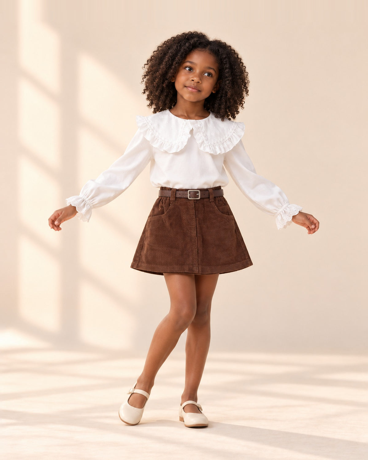 Lucy Belted Corduroy Skirt in Chocolate – natural pose