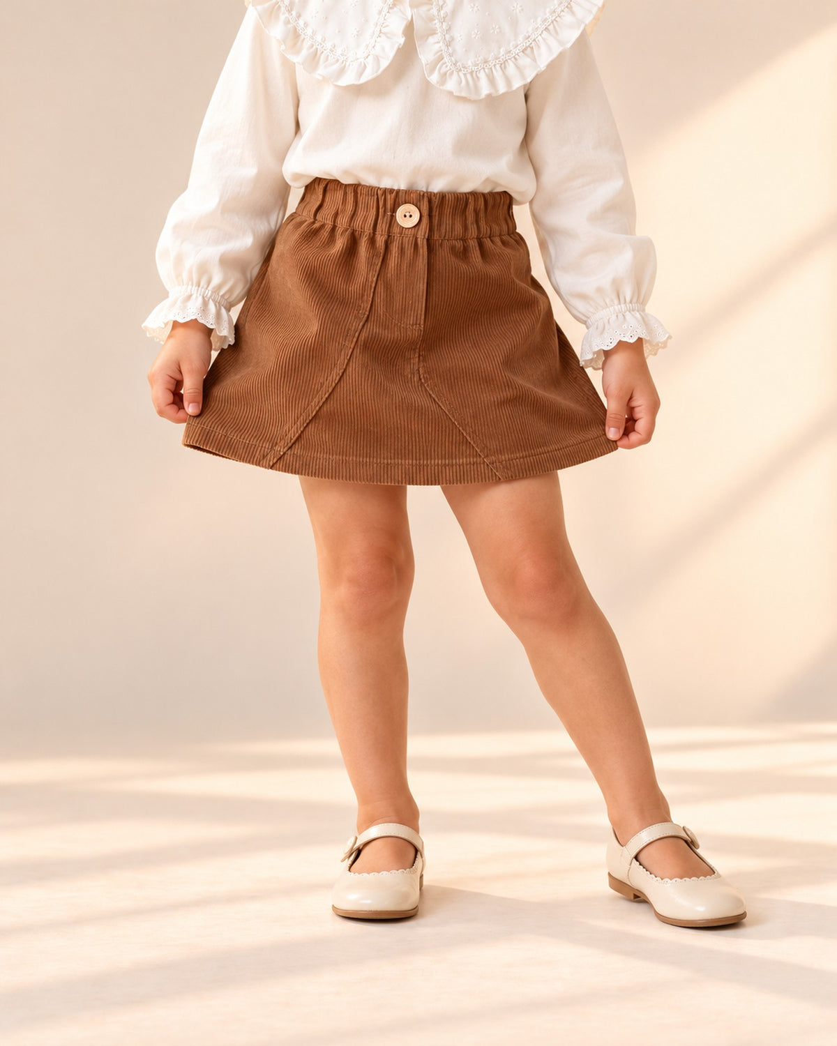 Close-up from waist to feet of a brown corduroy A-line skirt with buttons at the front – Brown