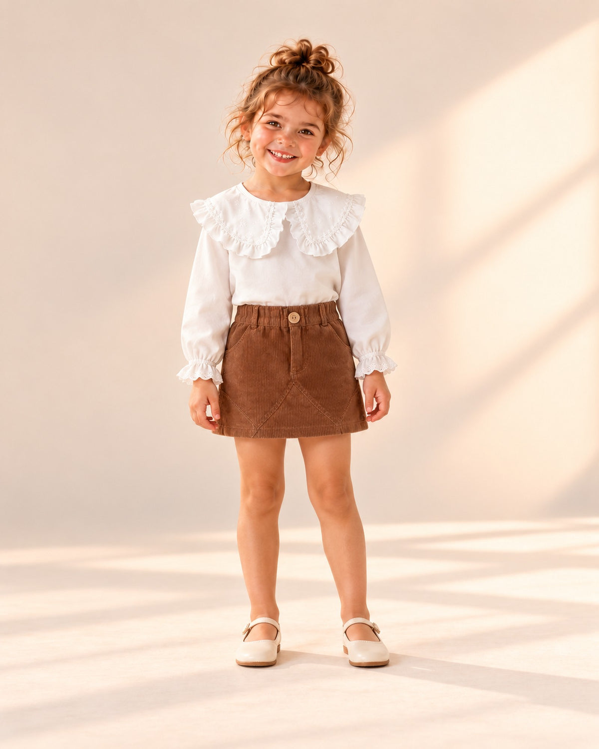 Front view of a girl in the brown corduroy skirt with a white ruffle-collar blouse tucked in, full length – Brown