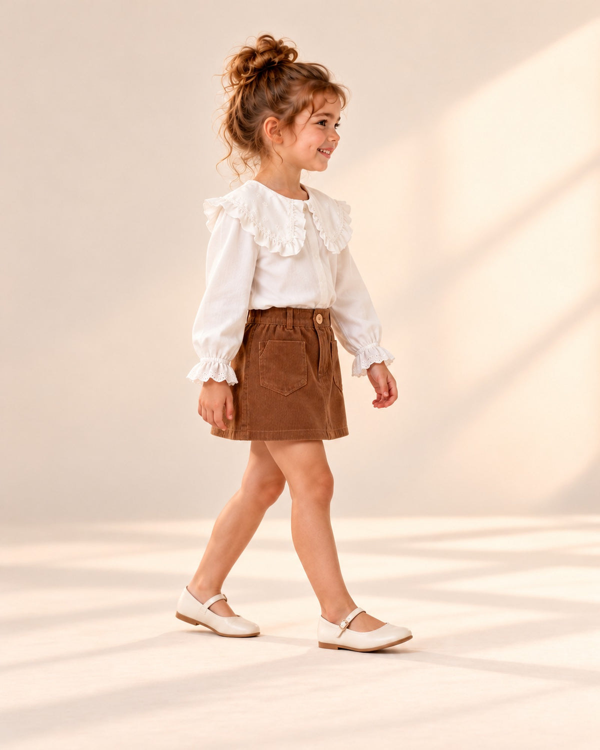 Side view of the A-line corduroy skirt and white blouse – Brown