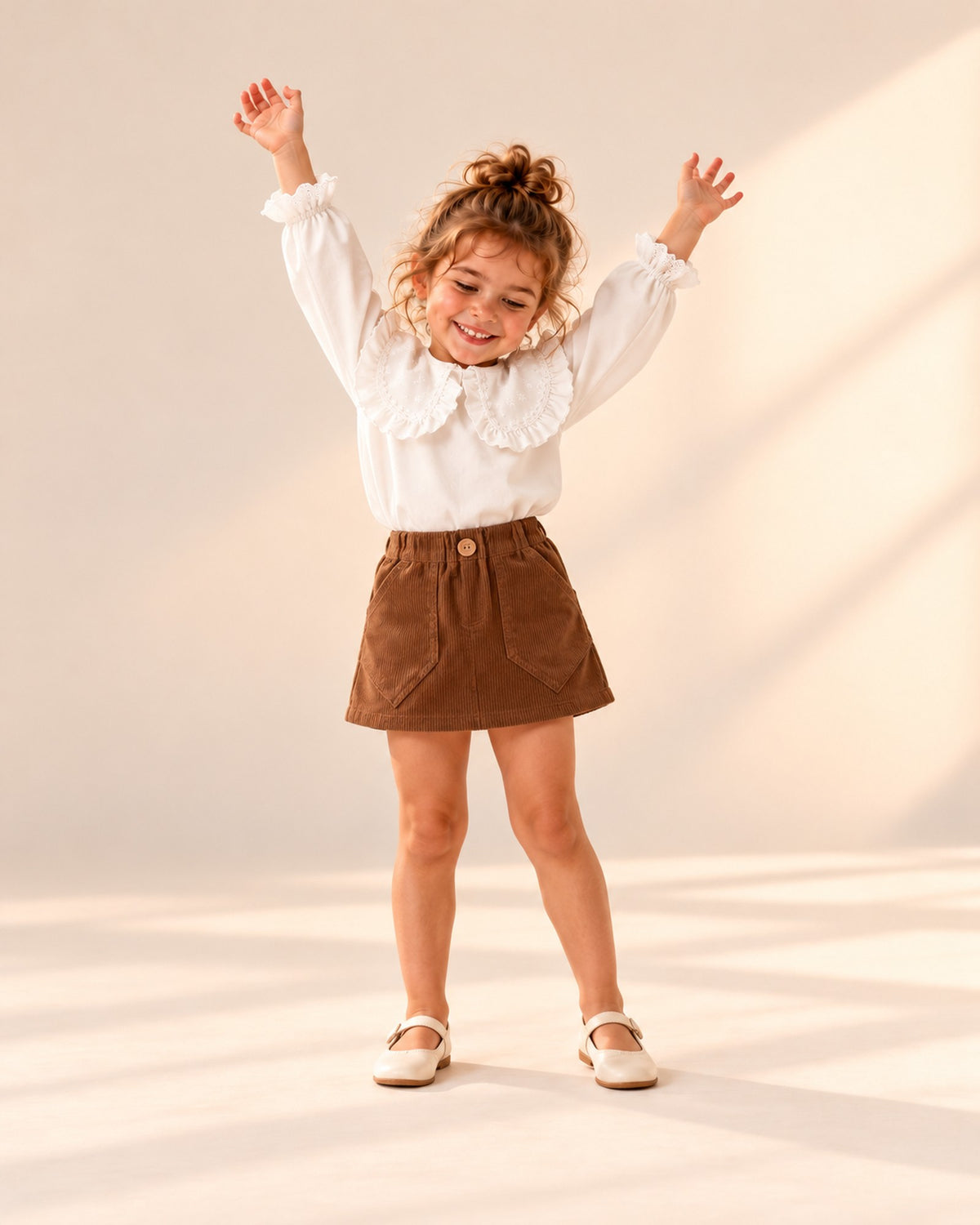 Girl in the brown corduroy skirt and ruffle-collar blouse, standing relaxed – Brown