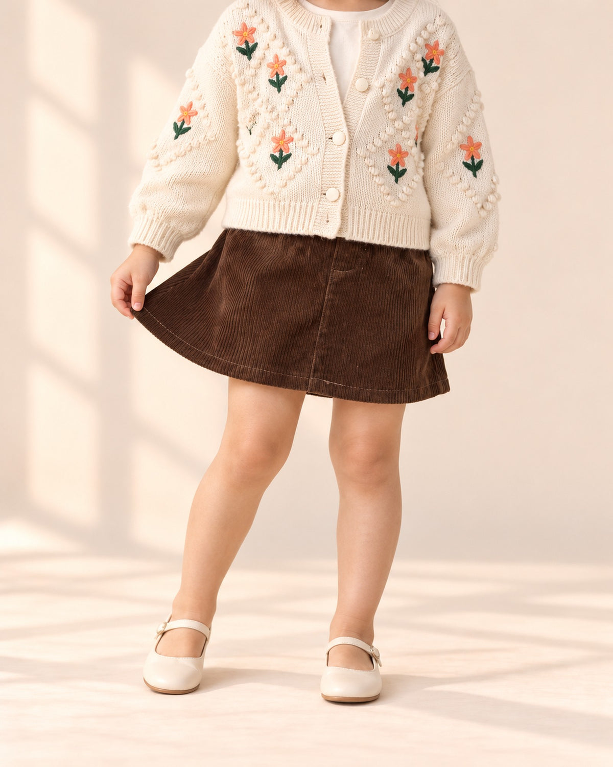 Close-up from waist to feet of a short brown corduroy A-line skirt – Brown