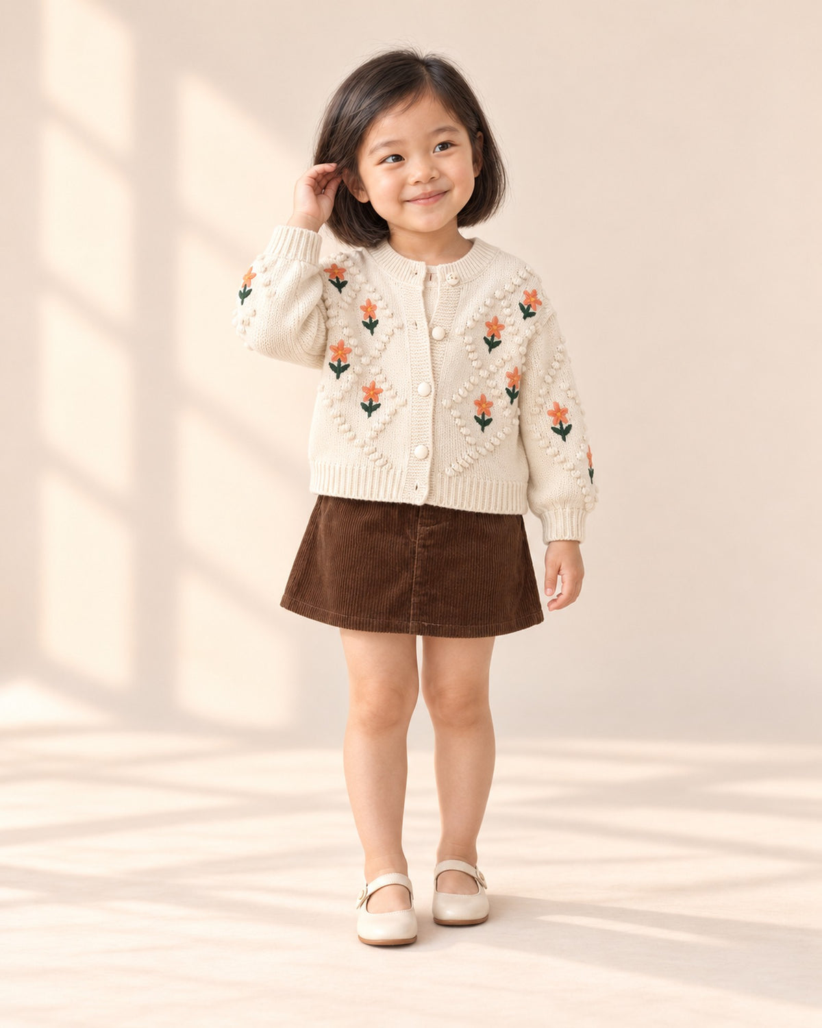 Front view of a girl in the brown corduroy mini skirt and a cream cardigan with embroidered flowers over a cream top, full length – Brown