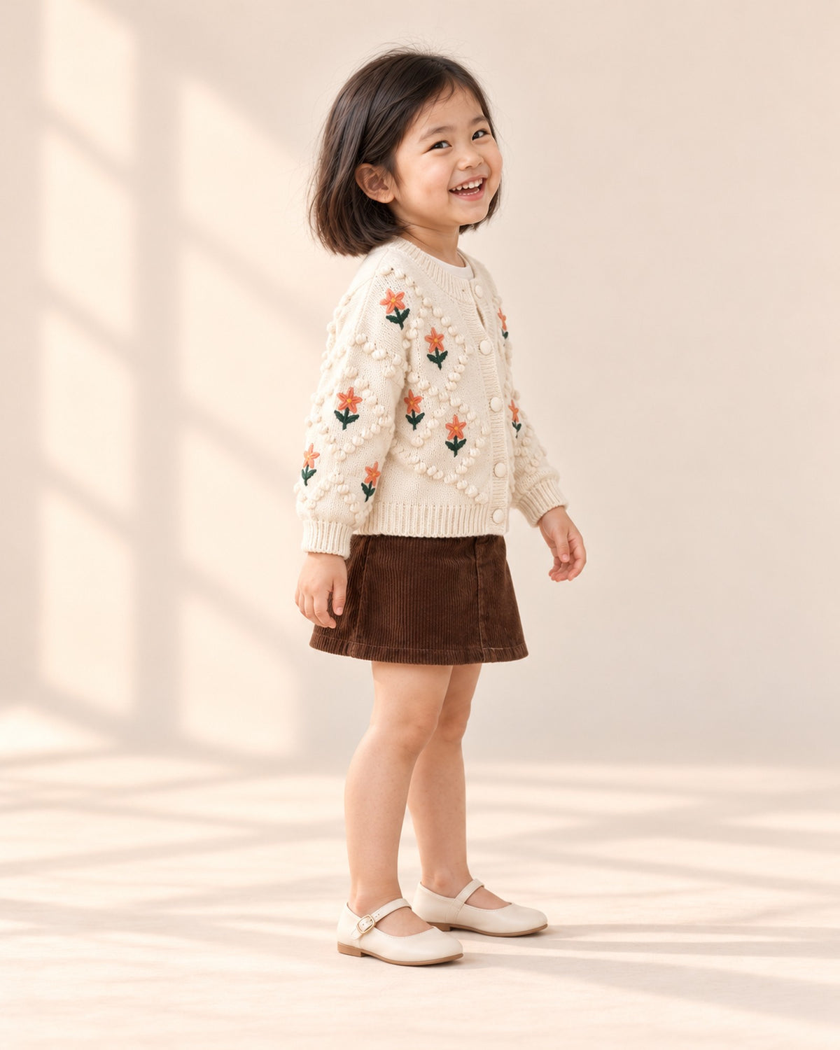Side view of the brown mini skirt with the embroidered flower cardigan – Brown