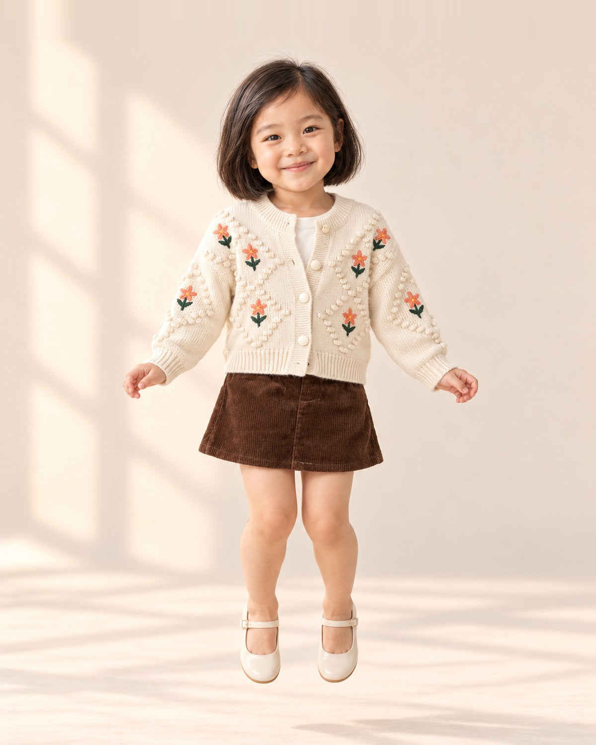 Girl in the brown corduroy skirt and flower cardigan, standing at ease – Brown