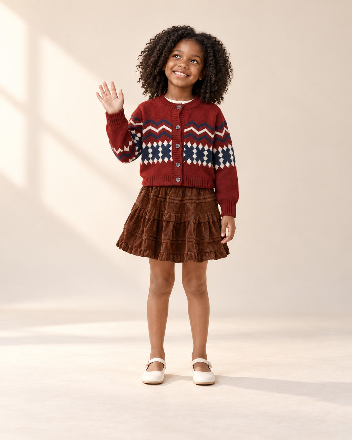 Front view of a girl in the tiered corduroy skirt and a red Fair Isle cardigan over a cream top, full length – Brown