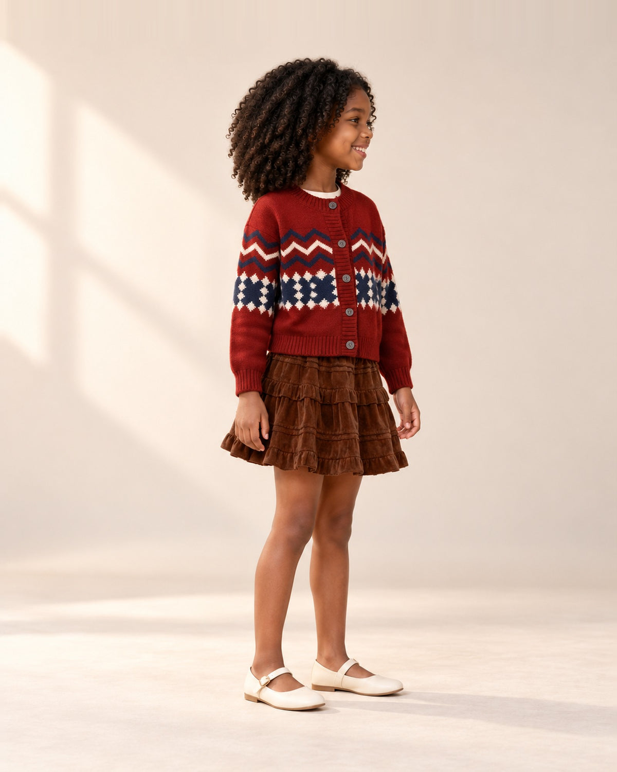 Side view of the full brown tiered skirt with the red cardigan – Brown