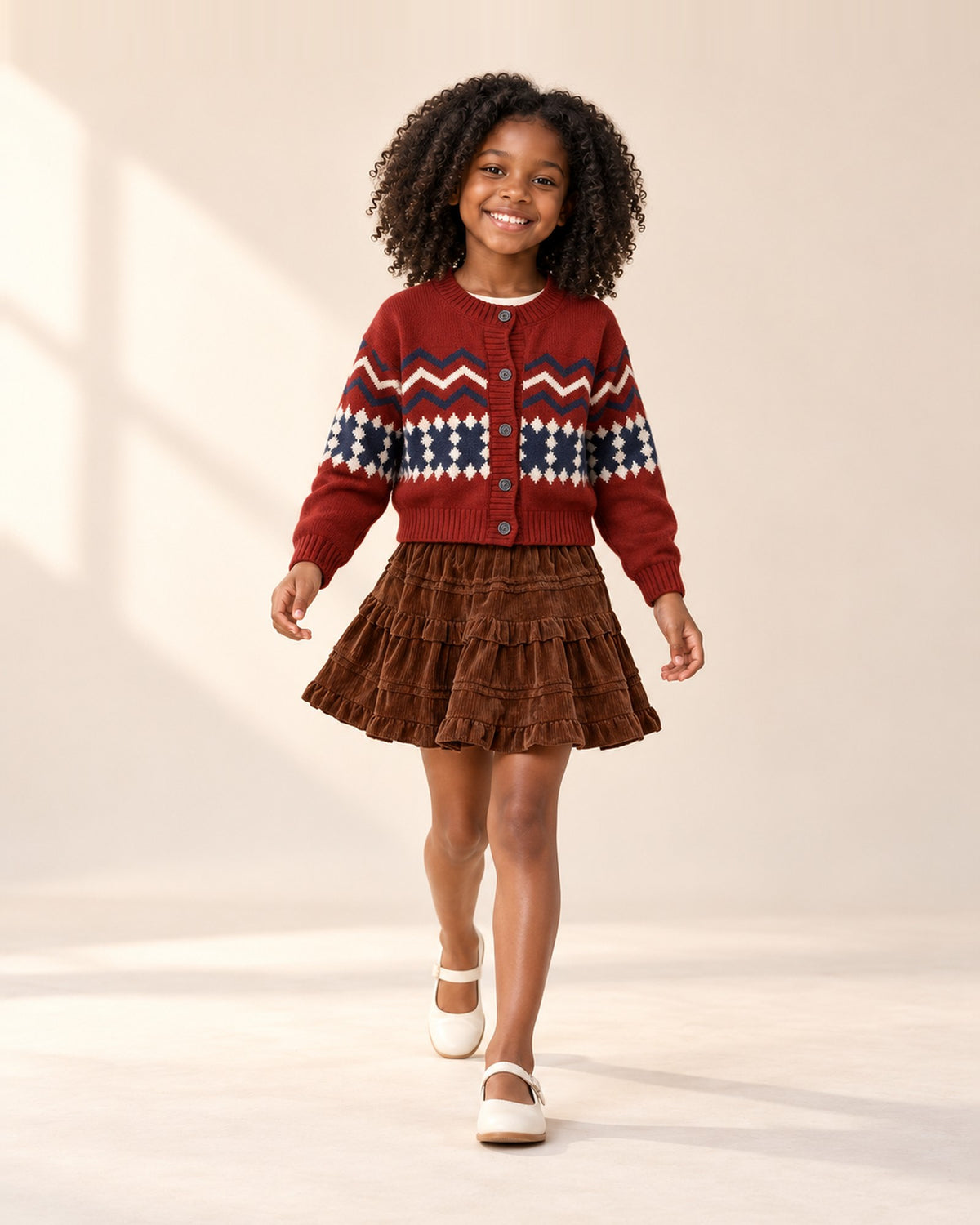 Girl in the brown tiered skirt and Fair Isle cardigan, standing relaxed – Brown