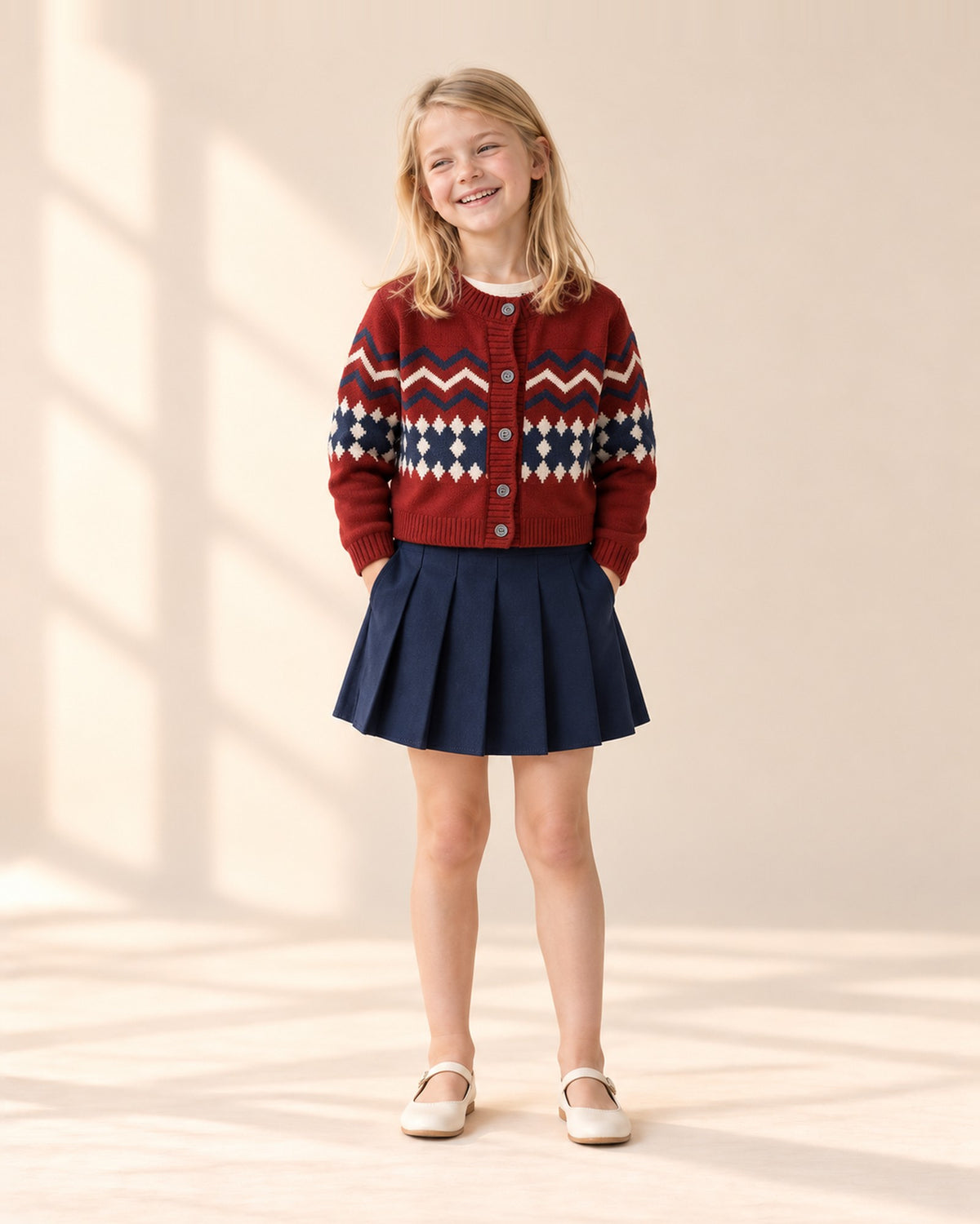 Front view of a girl in the navy pleated skirt and a red Fair Isle cardigan over a cream top, full length – Navy