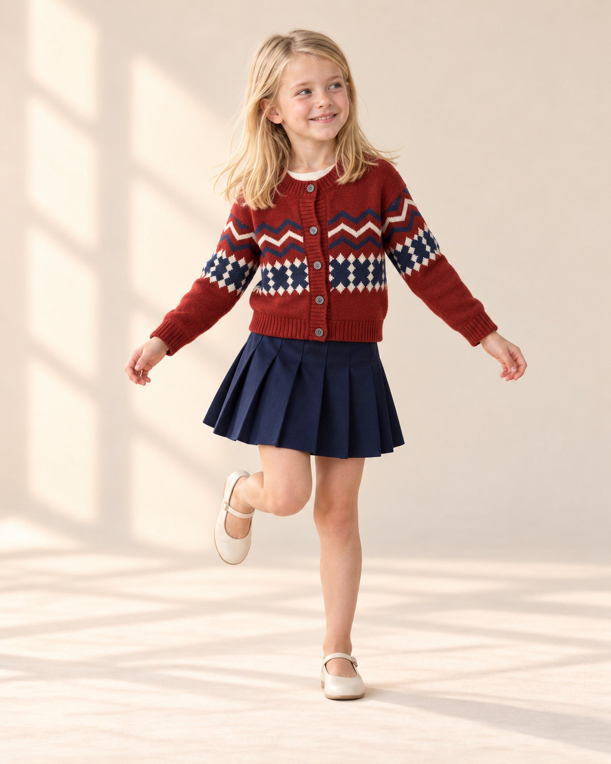 Girl in the navy pleated skirt and Fair Isle cardigan, standing at ease – Navy